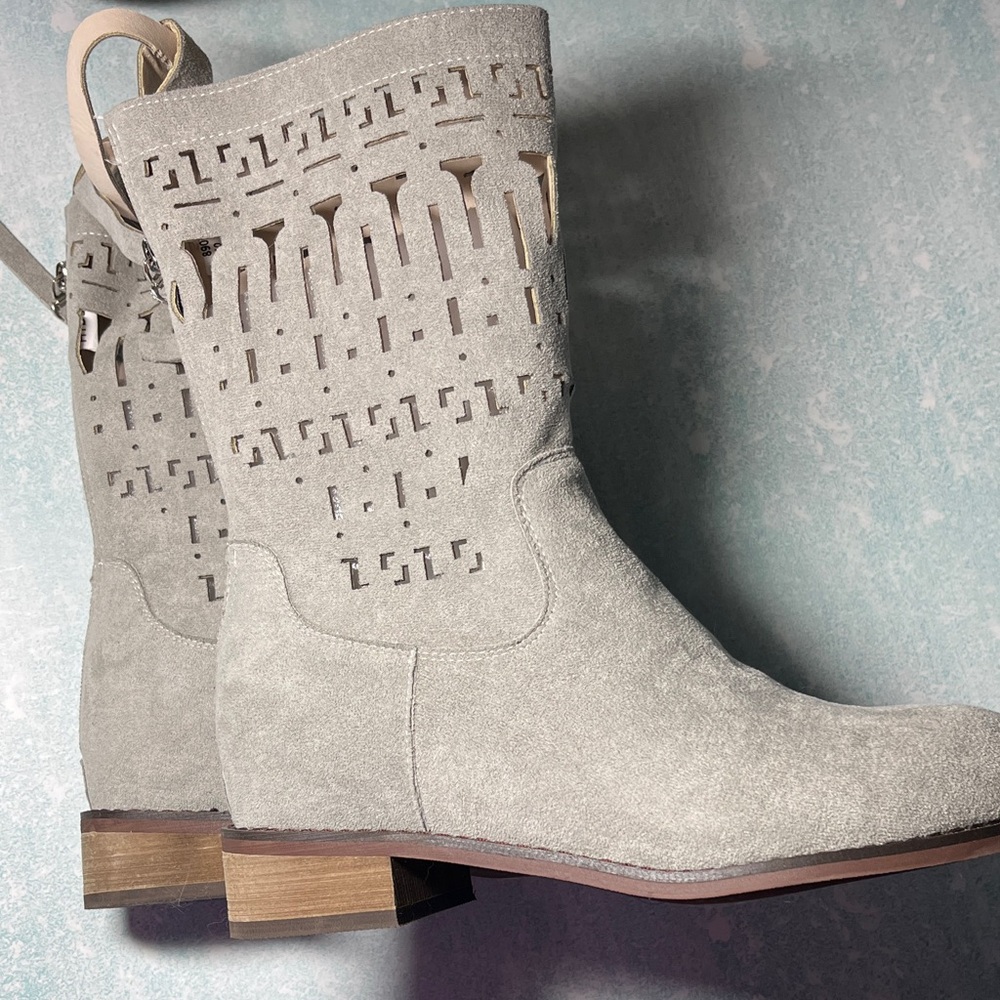 Light Gray Suede Laser-Cut Lace Up Mid-Calf Boots